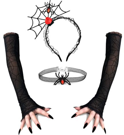 TAXTYHRE 3 Stück Halloween Spinnen Kostüm Zubehör,Spinnen Haarreif mit Halsketten und Handschuhe,Punk Kostüm Neuheit Halloween,für Halloween,Cosplay,Karneval Party Erwachsene (Rot)