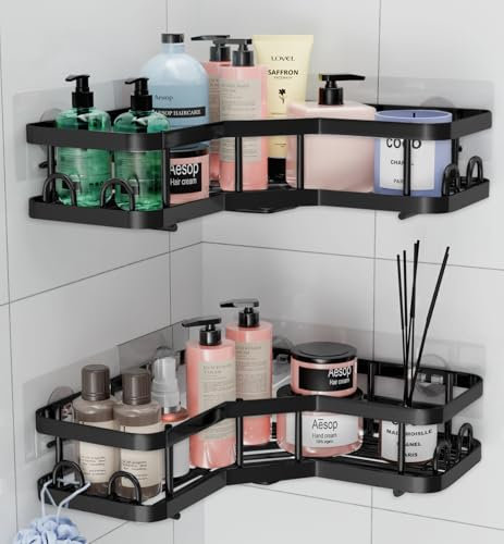HURUC Étagère d'angle de douche - Lot de 2 étagères d'angle antirouille pour salle de bain, adhésif sans perçage, ventouse pour accessoires et rangement, noir