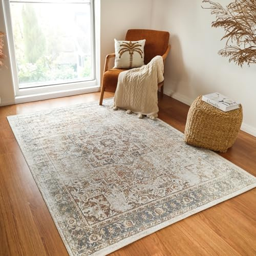 Livabliss Bridgetown Machine Washable 140x200 cm – Vintage Boho Style, Easy-Care Washable, Ideal for Living Room, Dining, Kitchen – Brown, Cream, Blue