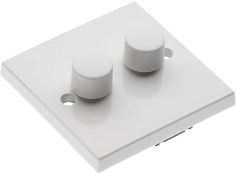 Double Dimmer Light Switch 2 Gang 2 Way 250W Watt Electrical Rotary Wall Flat Front Plate Push ON OFF Plastic for Dimmable LED Lights, Incandescent, Halogen Bulbs (White)