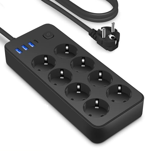 Multiprise (5V 2A/12W), Multiprise 8 Prises avec 4 Ports USB, Bloc Multiprise Parafoudre et Surtension avec Interrupteur, Câble 1.2M pour Smartphone, Maison, Bureau-Noir