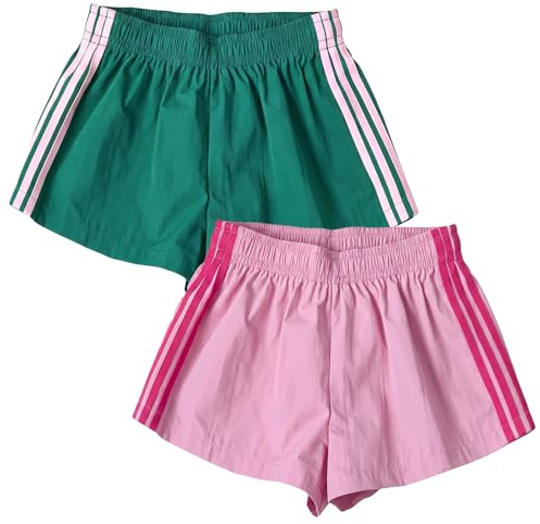 DOINEUFL Womens Shorts 2 Pack Running Gym Shorts for Women Ladies Summer Sports Shorts Lightweight Striped Dolphin Activewear Casual Lounge Pants (UK, Alpha, L, Regular, Regular, Pink + Green)
