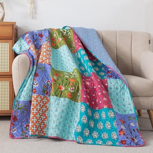SLPR All is Bright Gesteppte Überwurfdecke, Sommerdecke, leicht, mit Buntem Patchwork-Design für Couch und Bett, Bohemian-Vintage-inspirierte Schoßdecke, 127 x 152,4 cm