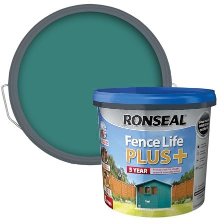 Ronseal Fence Life Plus+ Teal 5L, 5 Year Long Lasting Protecion, All Weather Protection, Sticks to Damp Wood, Brush or Spray on, For all Sheds and Fences also Showerproof in 1 Hour