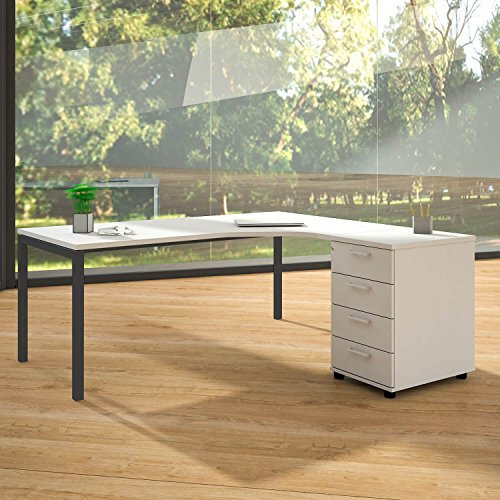 Weber Büro Winkelschreibtisch mit Standcontainer NOVA XL 180x163cm Weiß Eck-Schreibtisch, Gestellfarbe:Anthrazit