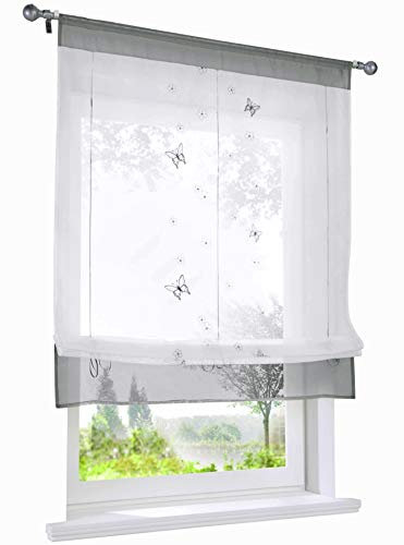 1 Stück Raffrollo mit Schmetterling Stickerei Raffgardine Transparent Voile Tunnelzug Vorhang (BxH 60x120cm, Grau)