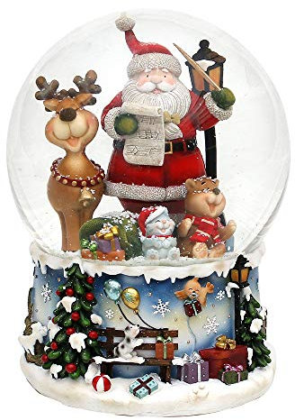 Dekohelden24 XXL Schneekugel, Santa mit lustigem Elch, mit Spielwerk, Melodie: Rudolph The red-Nosed Reindeer, Maße L/B/H: 15 x 15 x 20 cm Kugel Ø 15 cm.