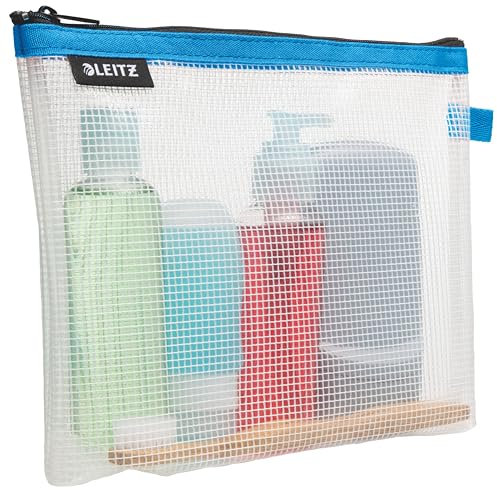 Leitz WOW Reise Zip-Kulturbeutel, durchsichtig, Wasserabweisend, Idealer Kosmetikbeutel für Reisen und im Handgepäck, Maße (BxHxT): 24 x 17 x 3 cm, Blau, 40140036