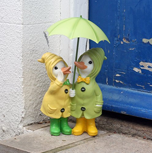 Dilly and Dally Puddle Ducks. garden ornaments, Pair of Ducks, 32cm high with detachable umbrellas, wearing Boots
