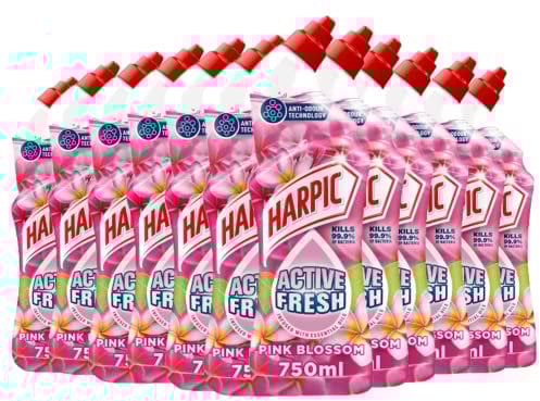 Harpic Active Fresh Toilet Cleaning Gel, Pink Blossom, Pack 12 x 750 ml, Infused with Essential Oils, Kills 99.9% of Bacteria, Toilet Cleaner