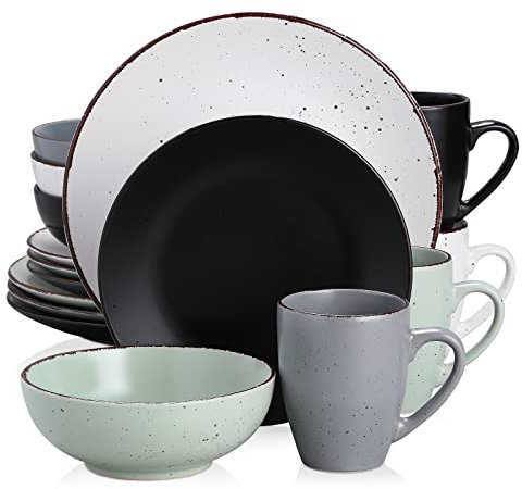 Tafelservice Steingut, vancasso MODA Geschirrset, Vintage Aussehen, 16-teiliges Kombiservice mit je 4 Speisetellern, Kuchentellern, Schalen und Tassen