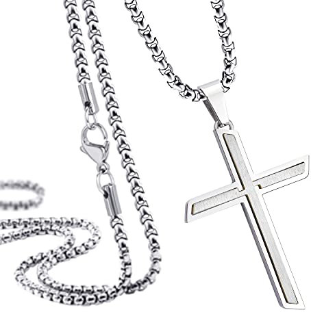555Jewelry Edelstahl Kreuz Halskette Anhänger für Damen und Herren 40,6–66 cm Kastenkette, Metall, nicht bekannt
