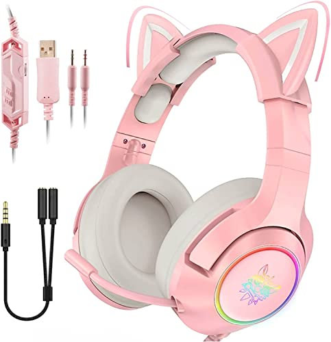 Skecten Gaming Headset with Mic, Noise Cancelling LED Wired Cat Ear Headphones with 3.5mm Jack for Xbox One, PS4, PS5, Switch, PC, Laptop, Mac, 4D Stereo Surround, Pink