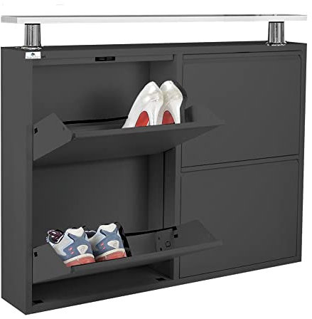 Scarpiera Slim a 4 ante in Orizzontale, NERA, con mensola d'appoggio|da 8 a 12 PAIA di scarpe/stivali | in metallo, Garantite 15 anni, interni/esterni