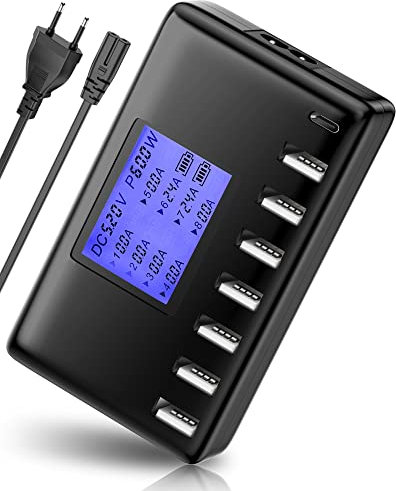 USB C Ladegerät, Ziwodiv 60W USB Ladegerät Mehrfach 8-Port Multi Ladestation Mehrere Geräte, USB C Netzteil with LCD Bildschirm, Schnellladegerät für iPhone 15/14/13/Pro/Max/Galaxy S21/Tablet