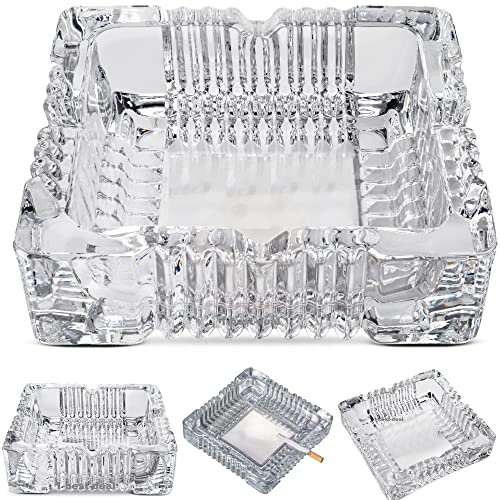 Crystal Glass Ashtray Decor Square Transparent for Home Indoor and Outdoor Living Room Office Bar Indoor Patio Garden Restaurant Decorative Tabletop Ashtray for Cigars Cigarettes Gift