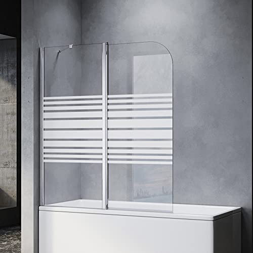 SONNI Mampara Bañera Plegable Serigrafiada 120 x 140 cm Cristal Templado 6mm Mamparas de Bañera Abatible 2 Hojas con Barra Estabilizadora y Perfil Aluminio