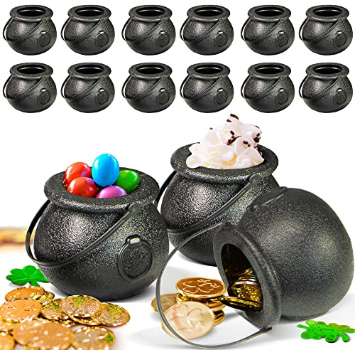 NOVELTY PLACE 12 Pcs Spooky Halloween Candy Cauldrons - Mini Black Cauldron Children Bucket Toys for St. Patrick’s Day Pot Of Gold, Trick or Treat, Halloween Decoration and Kid Birthday Party Favors
