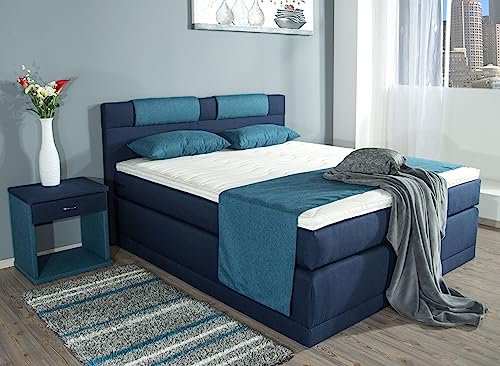 AUKONA Boxspringbett Piano 140x200, Blau H4, 7 Zonen Taschenfederkern-Matratze, H2 H3 H4, Komfortschaum-Topper, Lieferung und Aufbau kostenlos