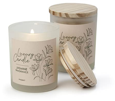 Mopec HI2 pack de 4 velas con aroma jazmín en frasco cristal Ø5,5x8cm y tapa madera