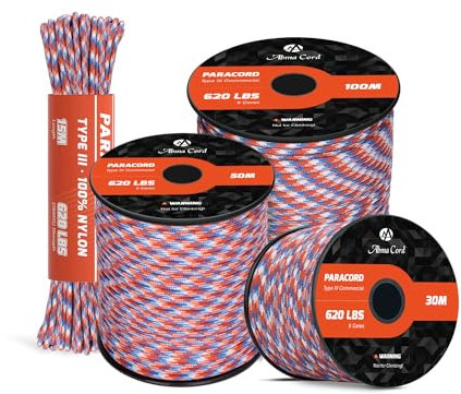 Abma Cord Paracord 620lbs 4mm 15M 100% Nylon Seil Typ 3 Schnur mit 9 Kern für Basteln, Camping, Survival, Outdoor - Max. 280kg - Liberty