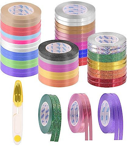 Tanstic 48 Rolls Plastic Curling Ribbon, Metallic Ribbon Balloon String Roll, Assorted Color Gift Wrapping Ribbon Crimped Ribbons with Scissor for Party Decoration Gift Wrapping(1/5 Inch x 11 Yards)