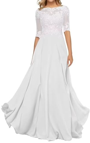 HYEC7 Women's Lace Appliques Mother of The Bride Dresses 3/4 Sleeve Long Formal Evening Dresses A Line Prom Dress White