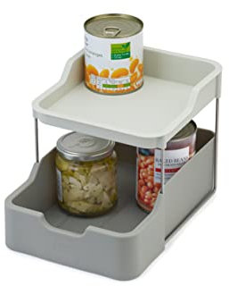 Joseph Joseph Duo 2-stufiger Schrankorganisator mit Schublade, Küchen- und Aufbewahrungsorganisator für Gewürze, Pakete und Dosen, Grau