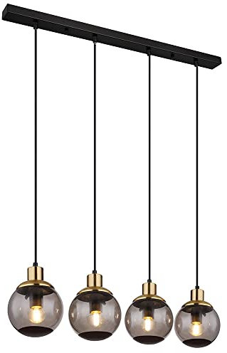 Hängelampe Glas modern Pendelleuchte Rauchglas Hängeleuchte schwarz, 4 flammig Metall Glaskugeln messing Retro, 4x E27 Fassungen, LxBxH 75x15x110cm