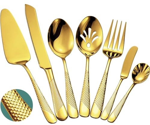Xideman® Juego de cubiertos martillados de acero inoxidable 18/10, cuberteria para servir de 7 pieza, cuberterias completas de anfitriona con cuchillo para tartas y servidor de pasteles (Oro)