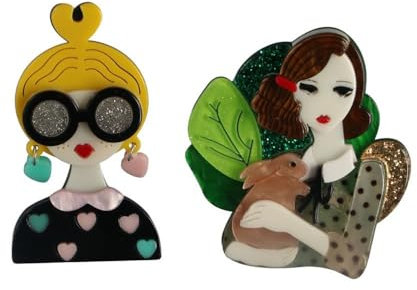 Lot de 2 broches créatives en acrylique - Jolies figurines acétiques - Pour femme, pull, écharpe, manteau, Acrylique, Sans pierre précieuse