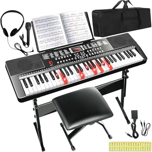 61 Keyboard Piano for Beginners Electric Piano Keyboard Music Keyboard w/Stand, Bench, Microphone, Headphones, Piano Bag,Note Stickers,Light Up Keyboard, LED Screen, Dual-Speakers