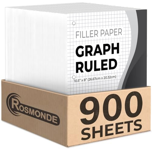 Rosmonde 6 Pack Graph Paper, 900 Sheets, 4x4 Loose Leaf Paper, 8 x 10.5, 3 Hole Punched for Binders, Grid Paper, 54 GSM Thick Graphing Paper, Quad Ruled, Notebook Paper for School & College
