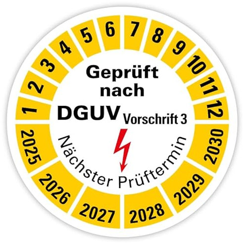 Prüfplakette Etikett „Geprüft nach DGUV Vorschrift 3 | 2025-2030“ Nächster Prüftermin Folie Gelb | Ø 20-40 mm Made in Germany, Größe: Ø 20 mm, Material: 50 Stück