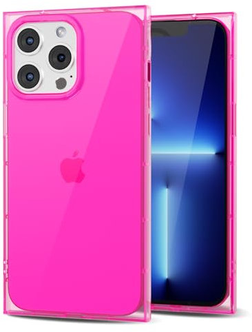 Svanove for iPhone 13 Pro Max Clear Case Square Rectangle Edge, Transparent Aesthetic Trendy Girly Neon Bright Silicone Rubber Phone Case for Women, Thin Slim TPU Bumper Protective Cover, Hot Pink
