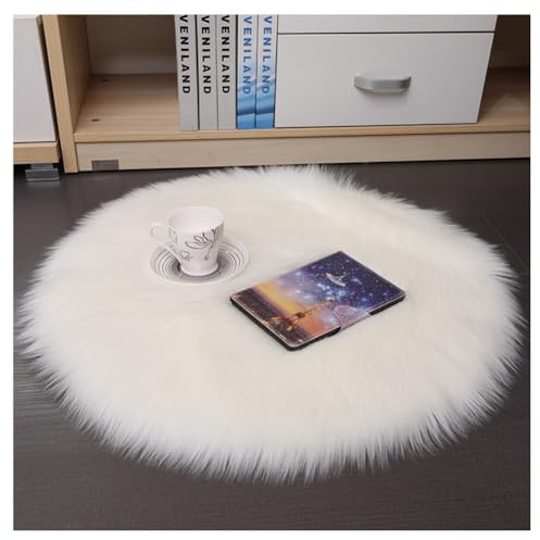 Hrlace Lammfell Schaffell Teppich Rund Kunstfell Teppich Waschbar Weich Fellteppich Flauschiger Longhair Stuhlauflage Nachahmung Wolle Bettvorleger Sofa Matte für Heimdekoration Weiß 45 * 45cm