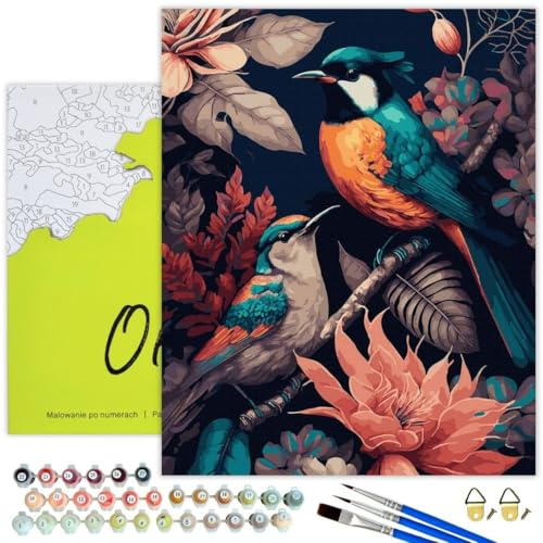 Oh Art! Malen Nach Zahlen Erwachsene Set Mit 3 Pinseln Und Acrylfarben Gemälde Acrylic Malerei DIY Leinwand 40 x 50 cm Vogel Auf Dem Ast