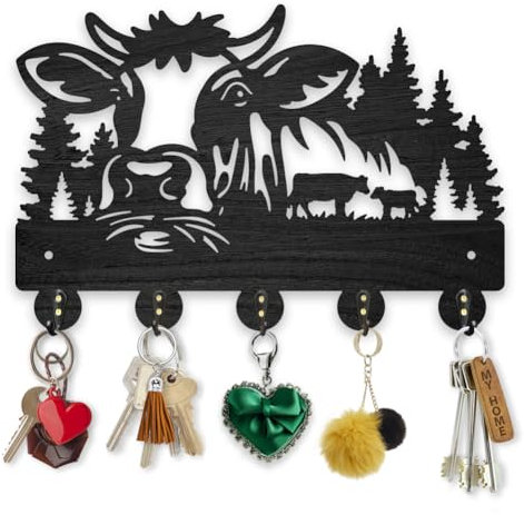 MAYJOYDIY Crochets muraux en forme de vache pour manteau en bois de vache, arbre naturel, porte-clés pour mur, 30 × 20 cm, crochets muraux décoratifs à suspendre avec 5 crochets en alliage pour