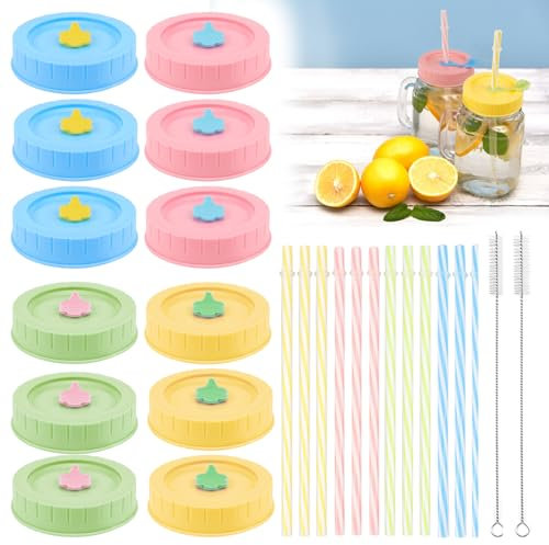 12 Stück Mason Jar Deckel, Deckel für Trinkgläser, Getränkedose Deckel, mit Plastikstrohhalme und Silikonstopfen, Silikonringe, Reinigungsbürste, für Mason Gläser, Marmeladengläser, 4 Farben