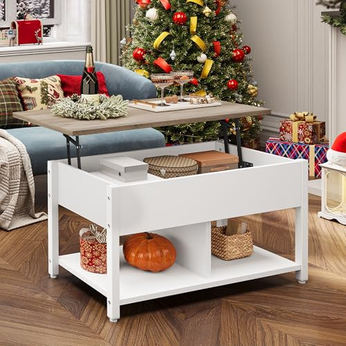 YITAHOME Couchtisch mit Anhebbarer Platte, Leicht Anzuheben, 2-Stufiger Stauraum, Höhenverstellbarer Couchtisch mit Verstecktem Staufach und Ablagefläche für Wohnzimmer, Büro, Weiß&Grau