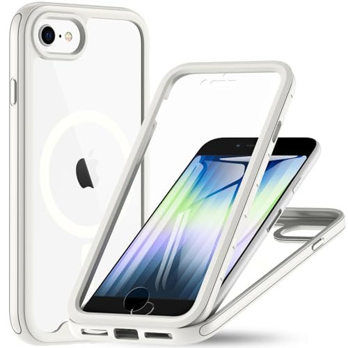 Hensinple Magnétique Coque pour iPhone SE 2022/iPhone SE2020/iPhone 8/iPhone 7 4,7 Pouces avec Protection D'écran, Compatible avec MagSafe, 360 Degrés Antichoc Protection Etui Housse - Blanc
