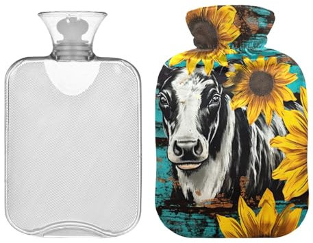 Wärmflasche mit Bezug, Kuh-Sonnenblumen-Blau, Wärmekissen für Schulterperiode, Schmerzlinderung, Hand-/Fußwärmer, 2 l
