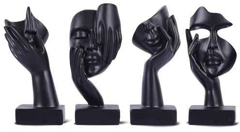 oliruim Schwarze abstrakte Gesichts-Deko-Figuren kleine Skulpturen 4er-Set, Kunstskulpturen Frauen-Gesicht für Deko modernes Wohnzimmer, Bücherregal, Frauen-Schlafzimmer, Deko für Regal (Schwarz)