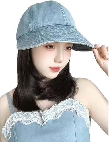 Mütze Mit Haaren，Human Hair Wig， Damen Sommerhut mit großer Krempe, kurzes Haar, Schlüsselbeinhaar, dünner Denim-Schnabelhut, Fischerhut mit Sonnenschirm, Perüc