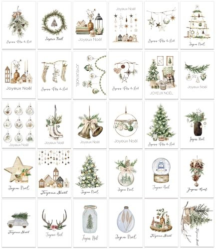 SILARLAIT Carte de Vœux Noël Aquarelle en Français, 32 Pièces Cartes Postales, 32 Motifs Variés, Format A6, Kit de Carte de Noël pour Proches Famille Amis Collègues (Noël)