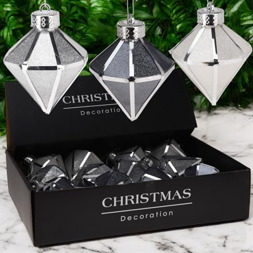 MIJOMA - 12er Set Nostalgische Weihnachtskugeln, Unzerbrechlich, Ø8cm, Christbaumschmuck mit Einzigartigem Design und Vintage-Zauber in Silber, Grautönen (Set 5)