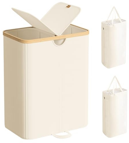 SONGMICS Panier à Linge à 2 Compartiments, 150 Litres, Trieur de Linge Sale avec Couvercle, Sacs Amovibles, pour Buanderie, Chambre, Salon, Blanc Crème et Beige Naturel LCB523W01