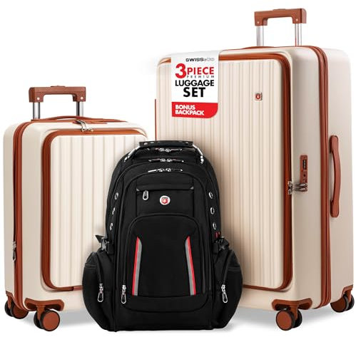 SWISS&CO Koffer-Set, 3-teiliges Koffer-Set mit gratis Bonus-Rucksack, Hartschalengepäck mit TSA-Schloss und Spinnrädern, 71,1 cm, 50,8 cm und kostenlosem Luxus-Rucksack, Beige / Braun, Large