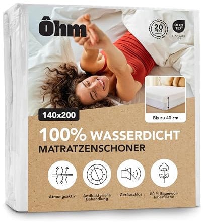 Matratzenschoner 140 x 200 cm | Matratzenauflage | Wasserdicht & geräuschlos | Hypoallergene & saugfähige Baumwolle | Anti-Milben | Rundum bis 40 cm | Oeko-TEX | Ôhm