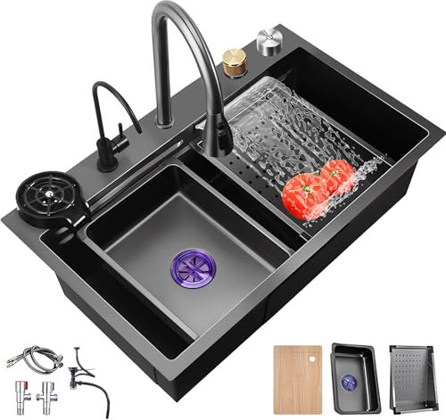 Fregadero de cocina multifuncional negro gris 80X50, fregadero inteligente moderno de acero inoxidable, fregadero de cocina de 1 seno, adecuado para cocina, restaurante (Gris oscuro-B, 80X45CM)